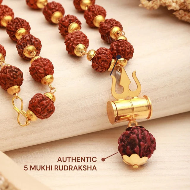 Gold Plated Rudraksha Trishool Necklace