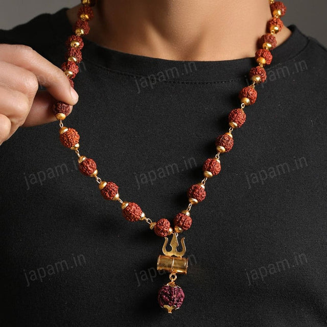 Gold Plated Rudraksha Trishool Necklace