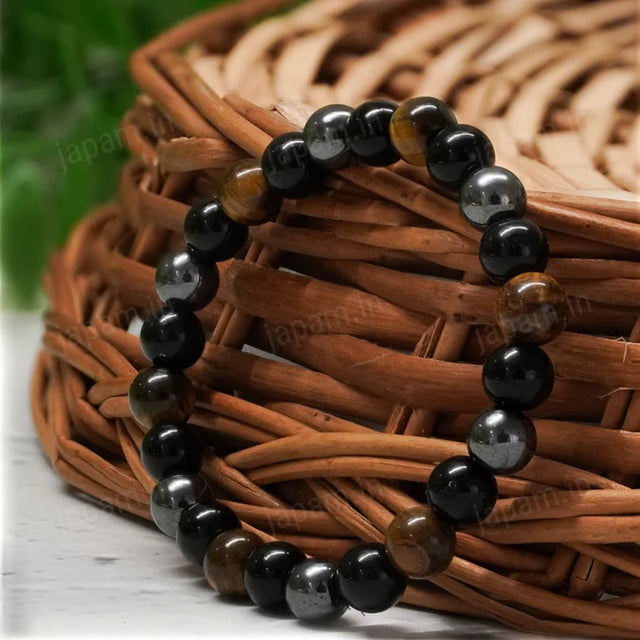 Triple Protection Band with Tiger Eye, Black Obsidian & Hematite Beads