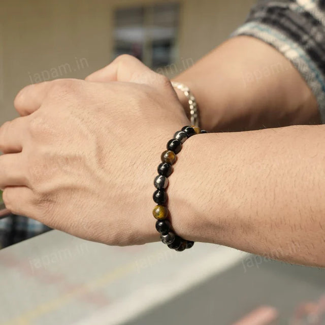 Triple Protection Band with Tiger Eye, Black Obsidian & Hematite Beads